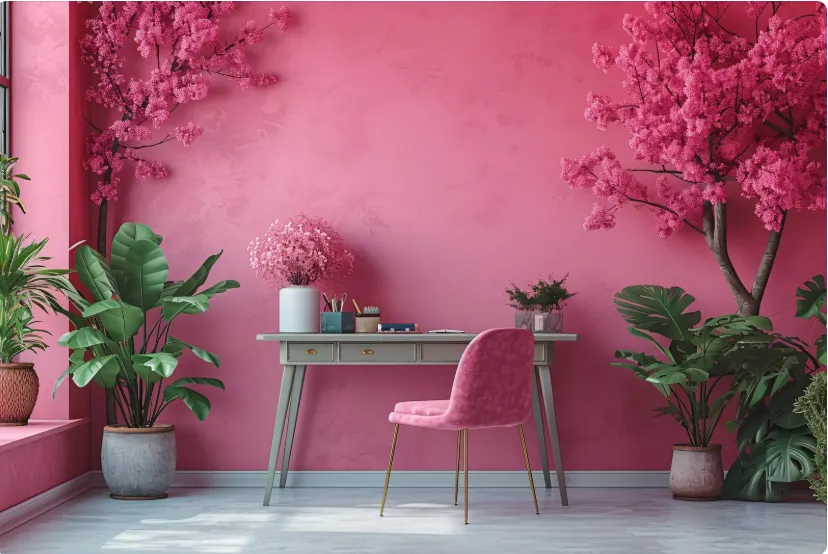 Stylish workspace with pink wall, green desk, plush chair, and plants, highlighting high-quality painting finish.