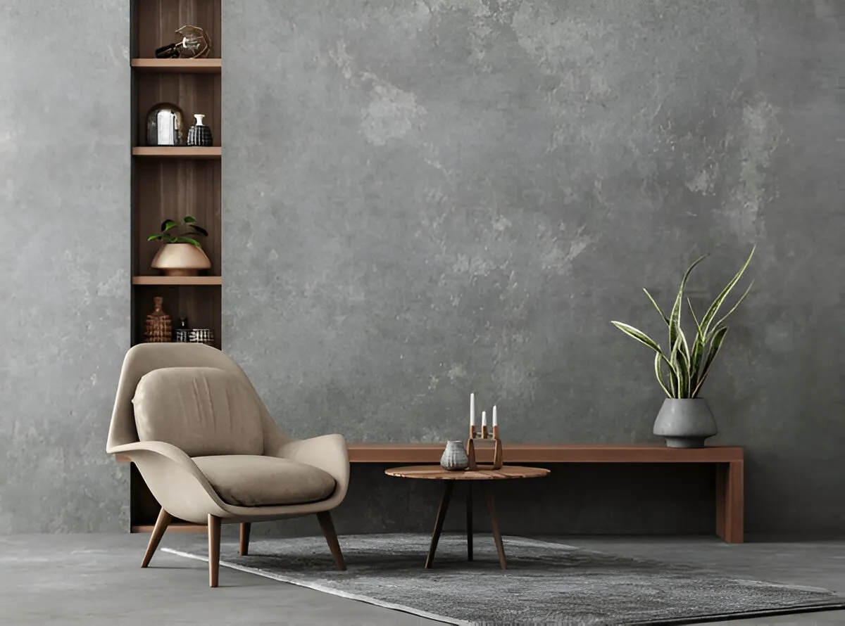 Indoor setup with chair, table, and vase against wallpapered wall, highlighting elegant wood tones and custom staining solutions.