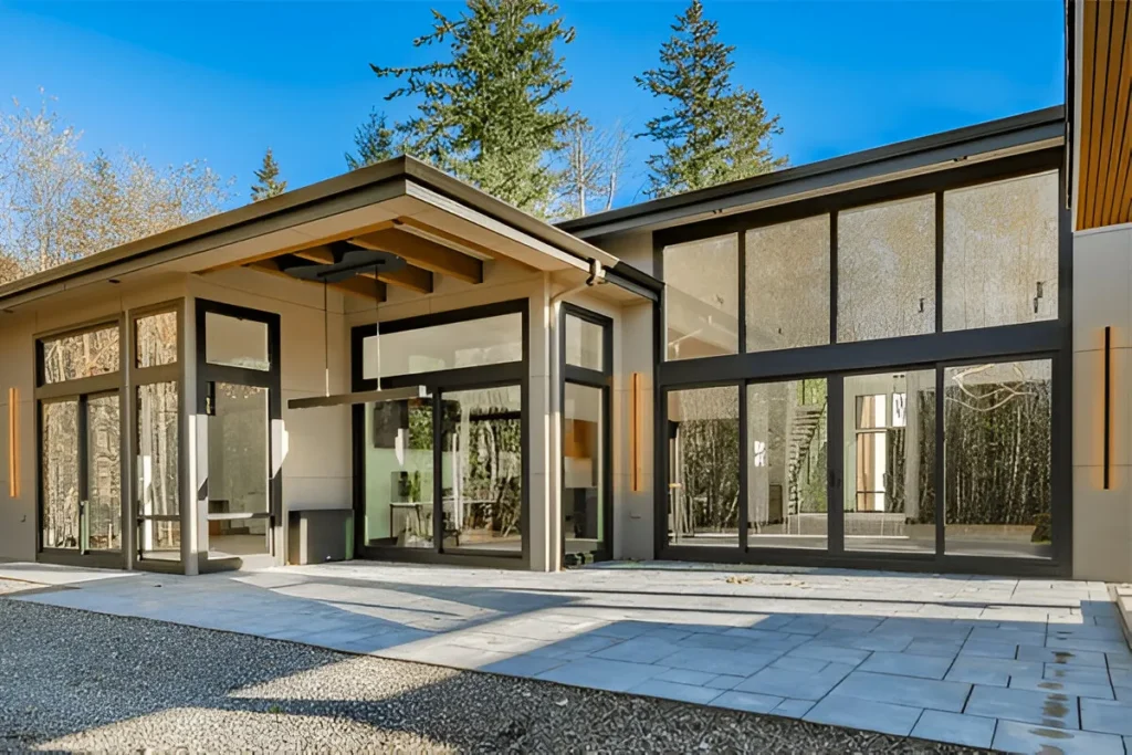Modern home exterior with glass windows, sleek lines, and patio surrounded by trees showcasing dream remodeling with flexible financing.