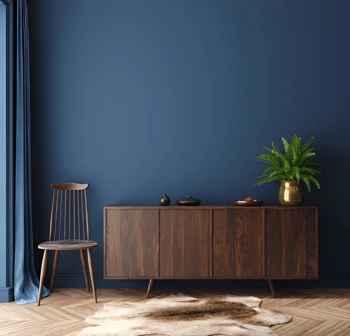 Cozy interior with dark blue wall, wooden cabinet, green plant, and chair, showcasing long-lasting painting finish.
