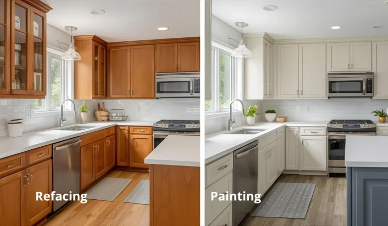Side-by-side kitchen showing dark wood cabinet refacing on left and light cabinet painting on right.