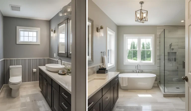 A modern bathroom comparison showing a half-bath and a master bath, featuring marble tiles and stylish fixtures.