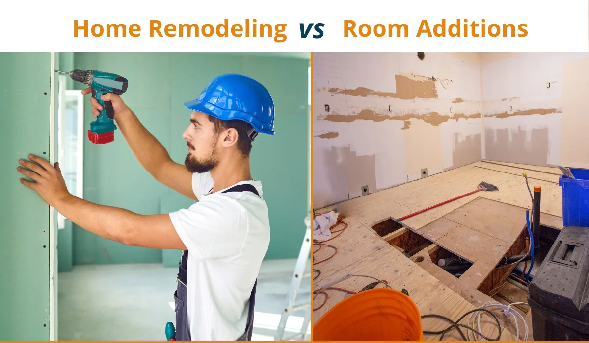 Side-by-side image comparing home remodeling and room additions with worker drilling and unfinished room.