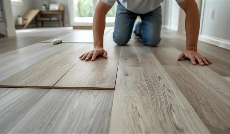 Person installing wooden planks on floor with roller nearby in bright modern room, showing LVP over ceramic tile.