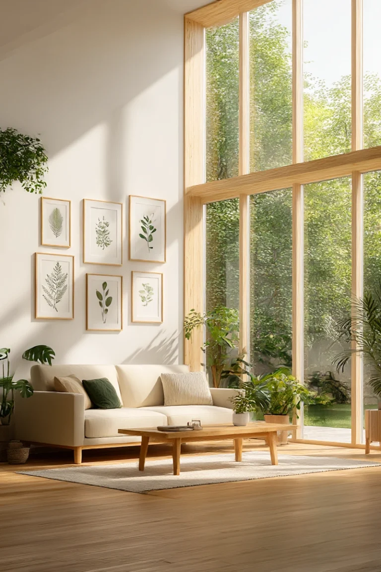 Bright living room with beige sofa, large windows, framed art, and green plants showcasing daylight living room remodeling.