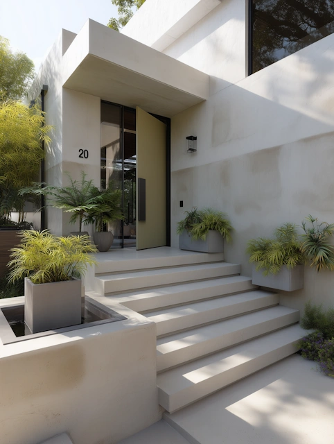 Modern home entrance with large door numbered 20, surrounded by greenery in planters and natural lighting.