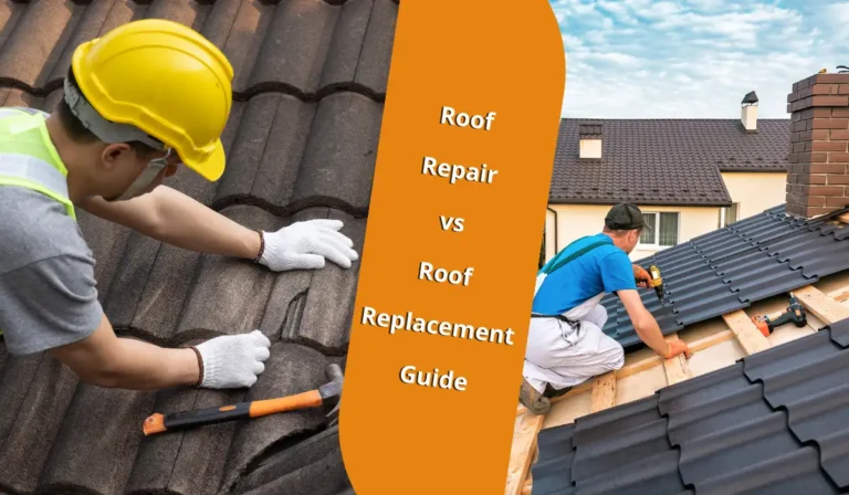 Two workers repairing a roof, one fixing tiles and the other using a nail gun, with houses and a blue sky in the background.