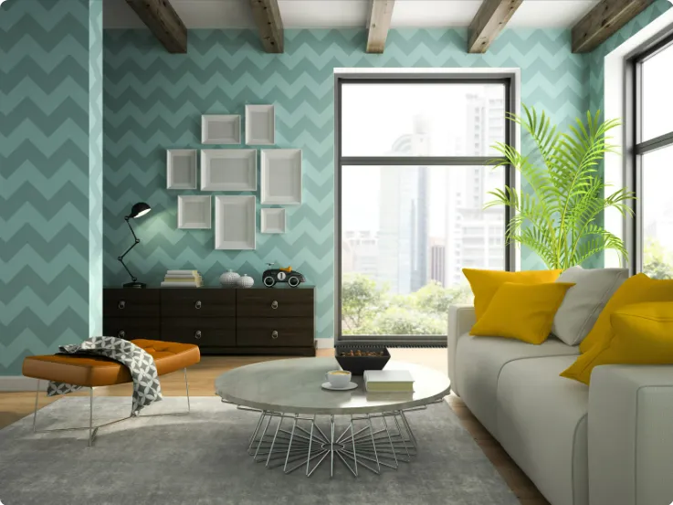 Modern living room with teal chevron wallpaper, round coffee table, yellow cushions, and large city-view window.