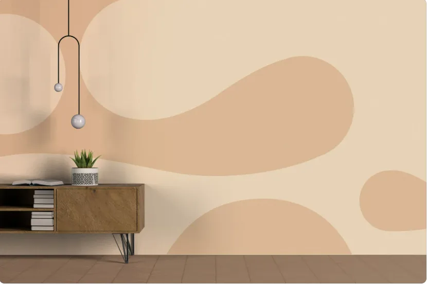 Modern interior with wooden cabinet, potted plant, pendant light, and beige wall featuring soft abstract paint-ready shapes.