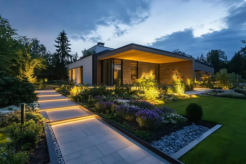 Modern home with wooden overhang, lit pathway, and vibrant garden at twilight | Outdoor Space Design