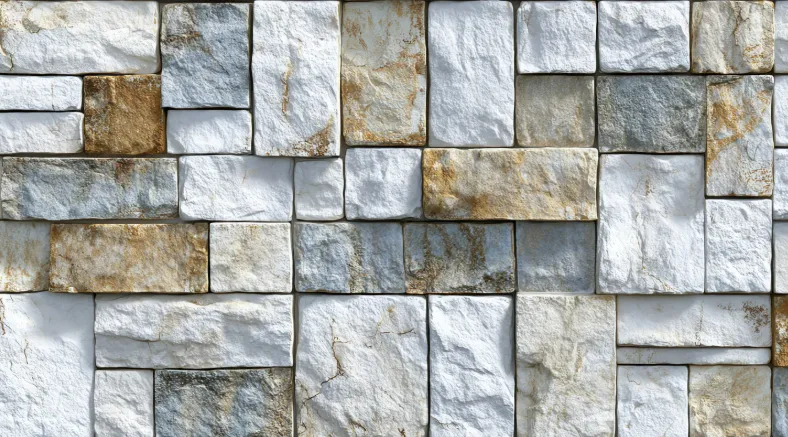 Textured stone wall with mixed white, gray, and beige tones, showcasing natural patterns and custom wall textures.