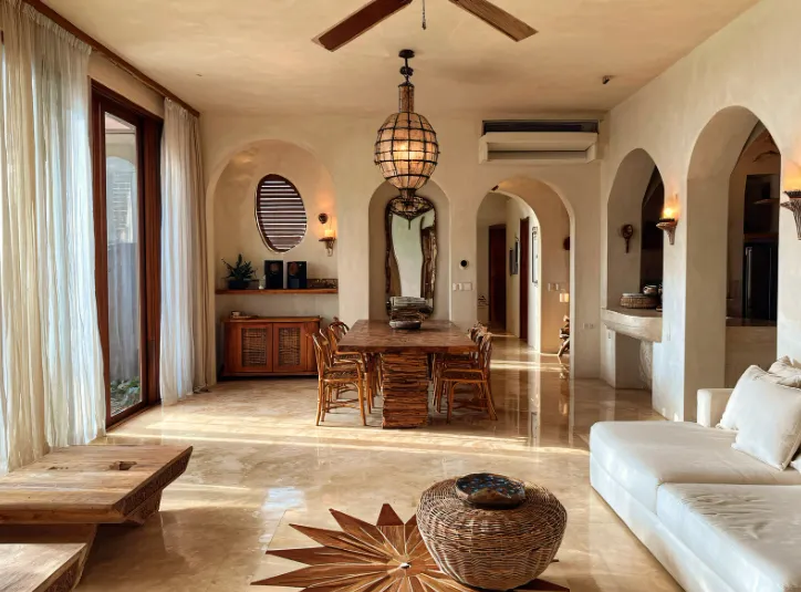 Bright airy living space with wooden dining table, woven decor, and arched doorways, showcasing stylish textured finishes.