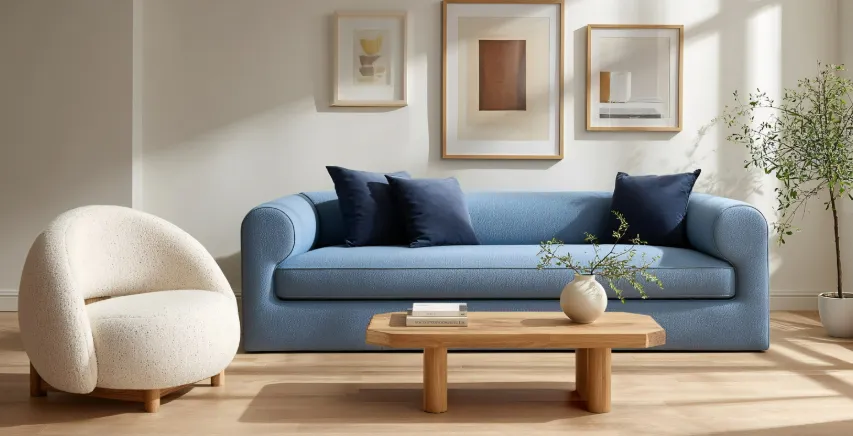 Modern living room with light blue sofa, navy cushions, wooden table, and wall art showcasing wall finishing & priming.