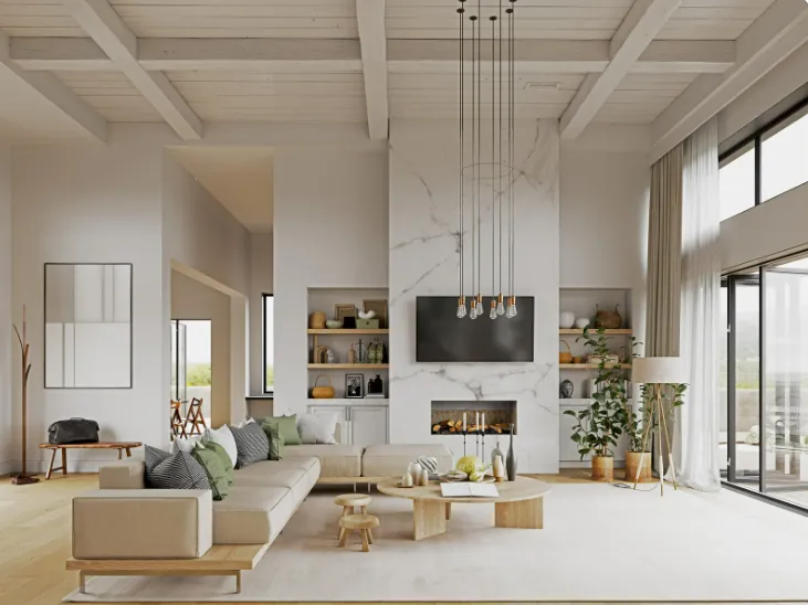 Modern living room with beige sectional, marble fireplace, TV, greenery, and pendant lights for aesthetic remodeling.