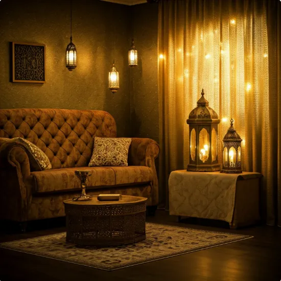 Inviting living room with tufted sofa, warm lighting, lanterns, and patterned curtains highlighting living room lighting.