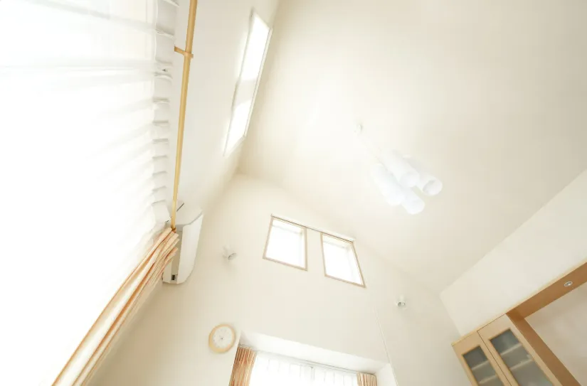 A clean and airy interior featuring a modern ceiling light fixture, two bright windows, and soft sheer curtains. The neutral color palette and tidy look reflect a dust-free cleanup approach and effortless home maintenance style.