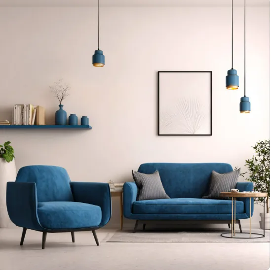 Chic living room with blue velvet sofa, pendant lights, shelf décor, and plant showcasing patching & crack repair.