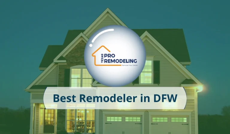 A modern home illuminated at twilight, featuring the logo of Texas Pro Remodeling with the text "Best Remodeler in DFW."