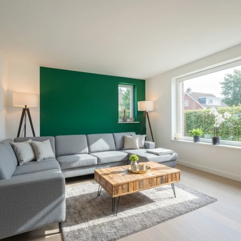Bright living room with grey sectional sofa, wooden coffee table, and green accent wall for home remodeling.