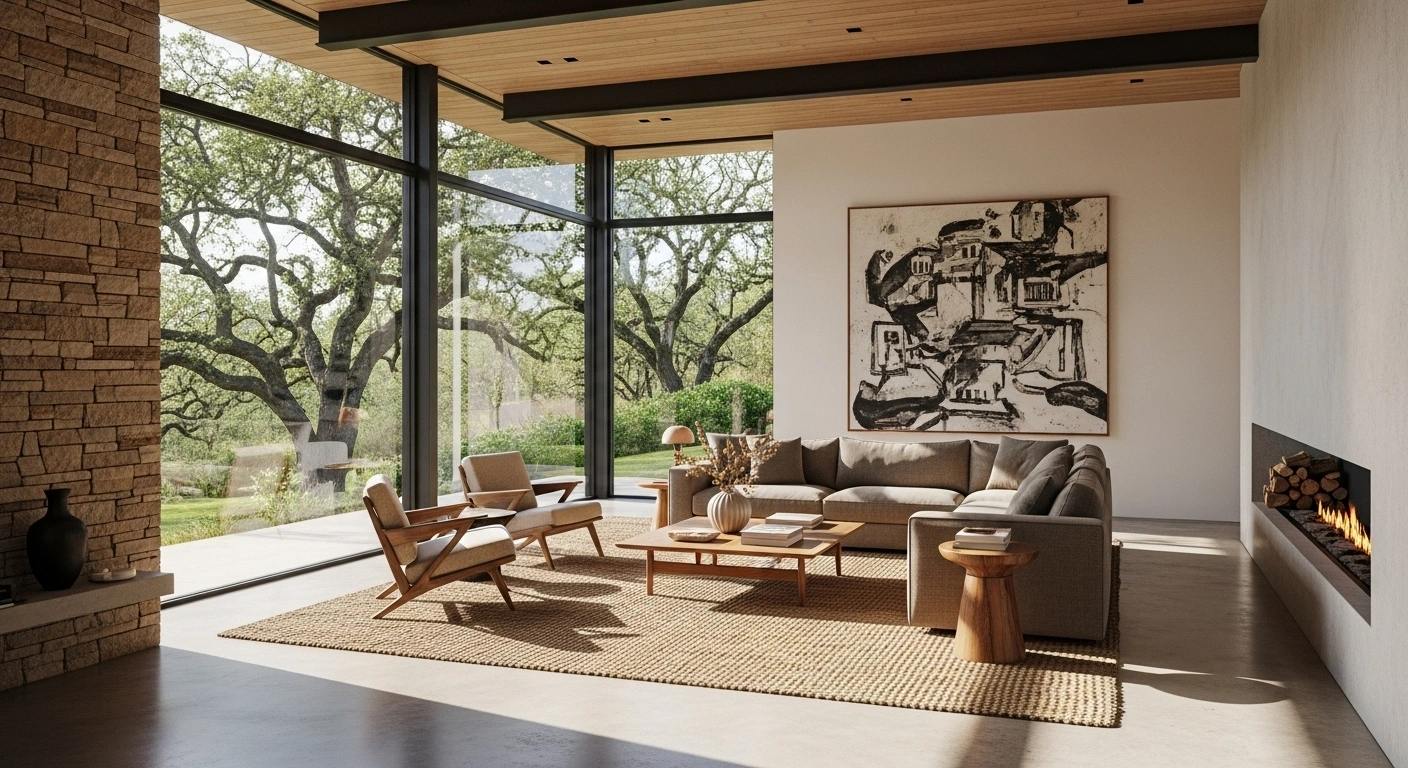 Bright living room with sofa, wooden chairs, coffee table, and minimalist art highlighting living-room flooring.
