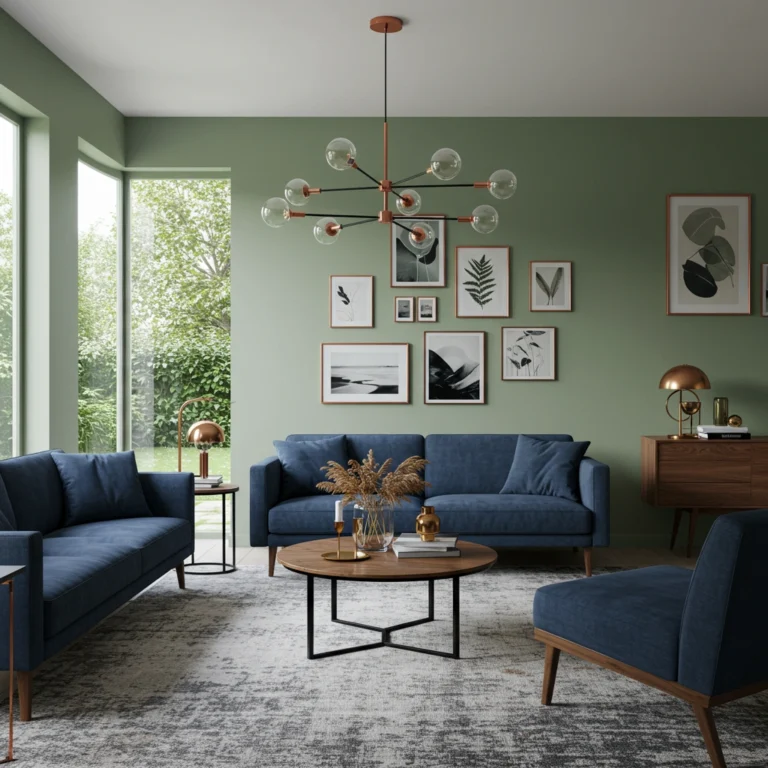Modern living room with blue sofas, round coffee table, chandelier, and framed art highlighting living room remodeling.