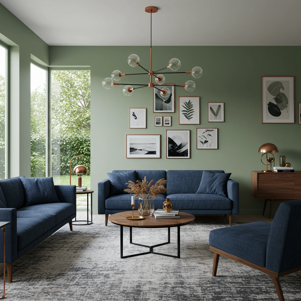 Modern living room with blue sofas, round coffee table, chandelier, and framed art highlighting living room remodeling.