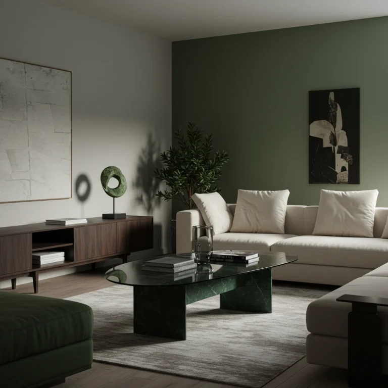 Modern living room with green accent wall, white sofas, marble coffee table, and contemporary décor for living-room restoration.