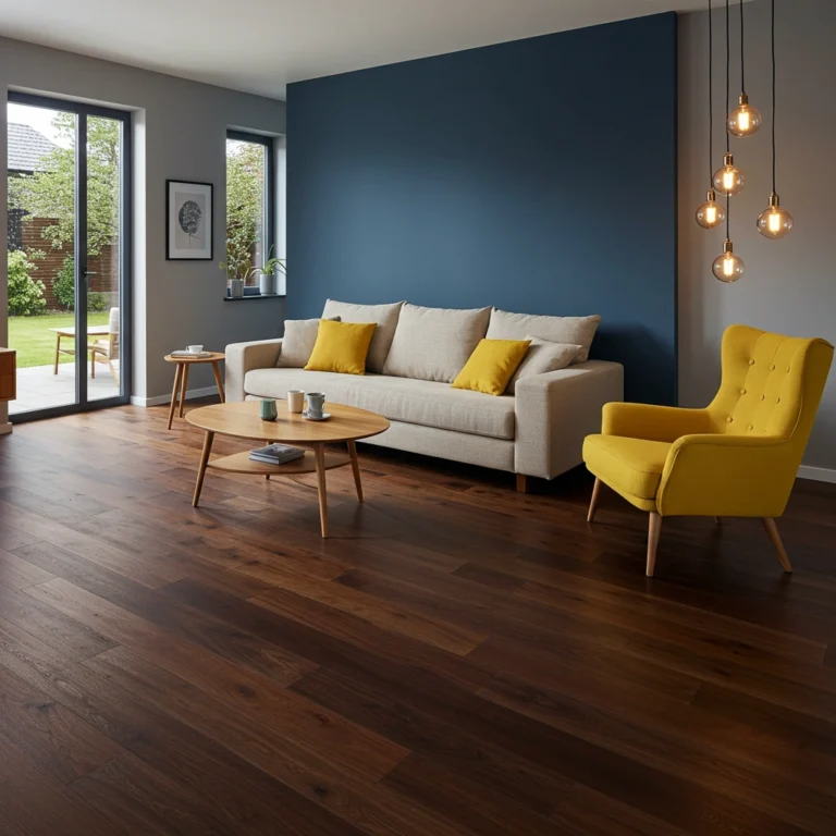 Cozy living room with wooden floors and bright yellow couch showcasing modern aesthetic living room design.