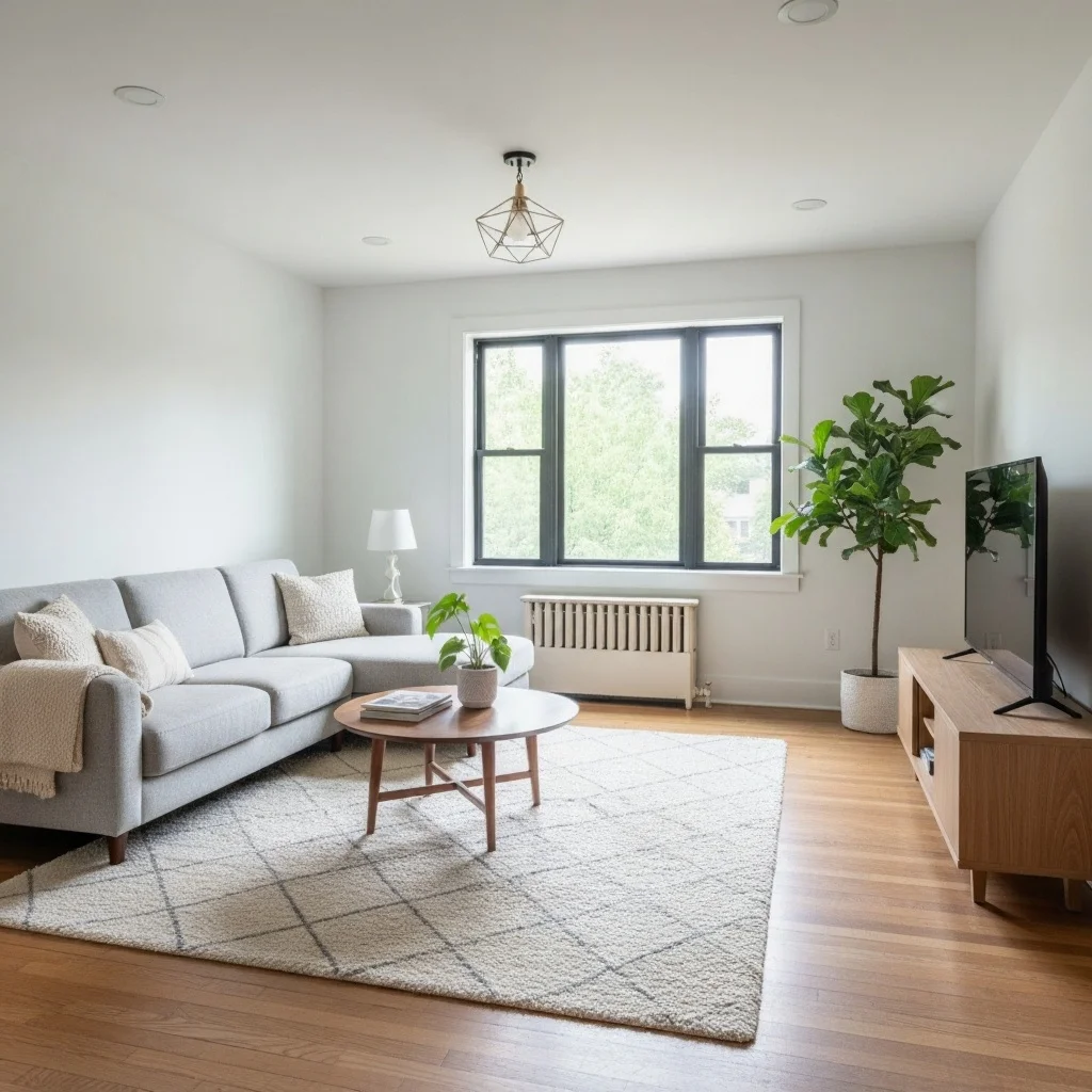 Bright modern living room with gray sofa, round coffee table, lamp, plant, TV, and rugs on the floor.