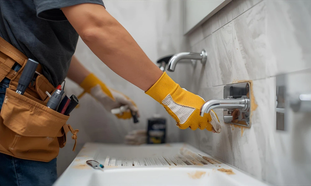 Worker installing bathroom faucets with tools, wearing gloves, highlighting bathroom remodeling costs.