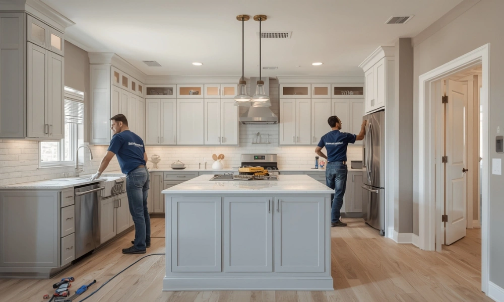 Workers cleaning and organizing a modern kitchen with light cabinets and island for remodeling projects to boost home value