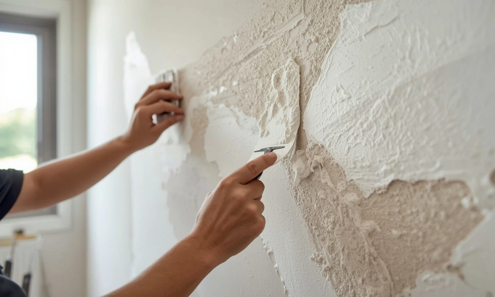 Professional applying plaster with a trowel to a textured wall in natural light for custom wall textures and faux finishes