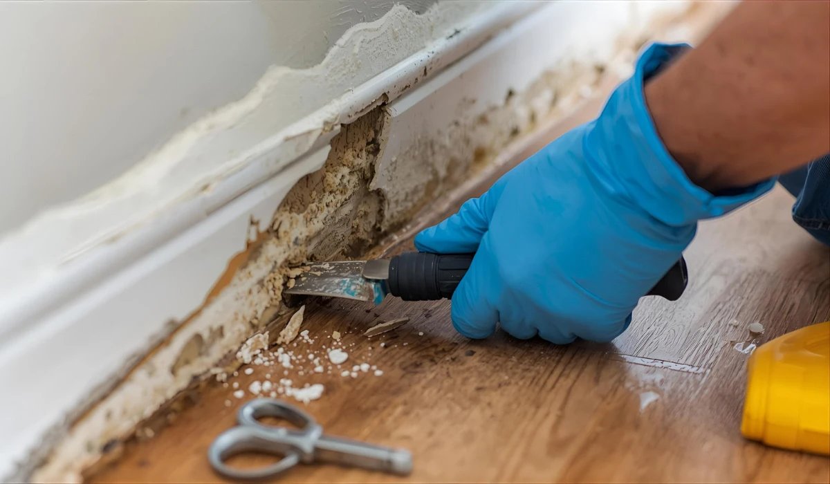 Gloved hand scraping damaged wall near floor revealing hidden mold and debris behind baseboards.
