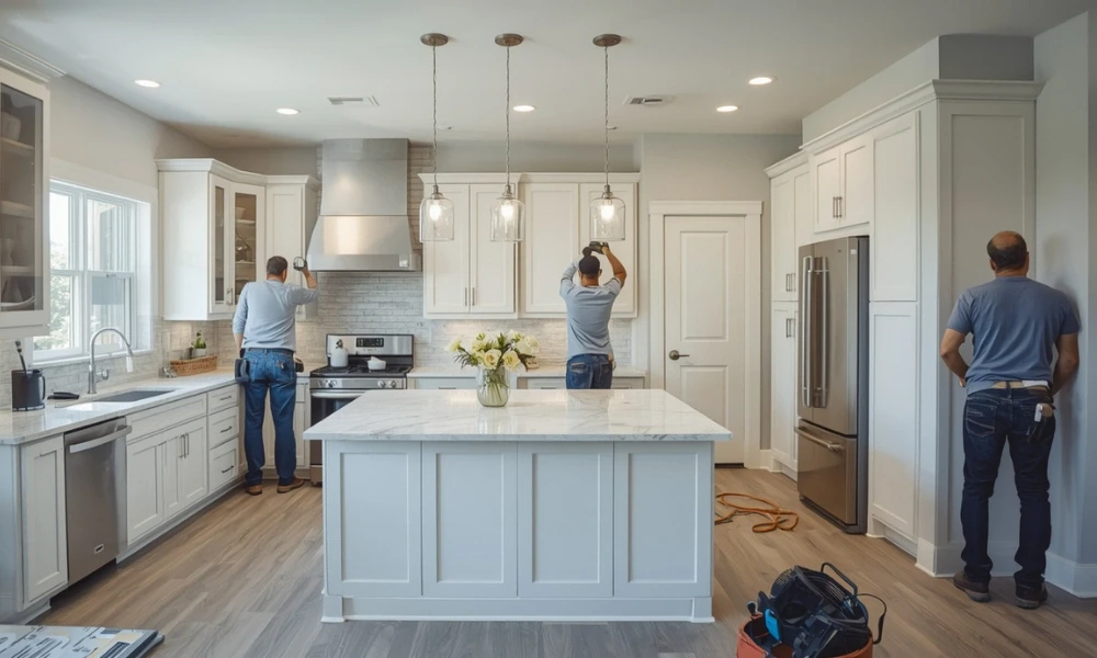 Workers installing fixtures in a bright modern kitchen with white cabinets and island for remodeling projects to boost home value