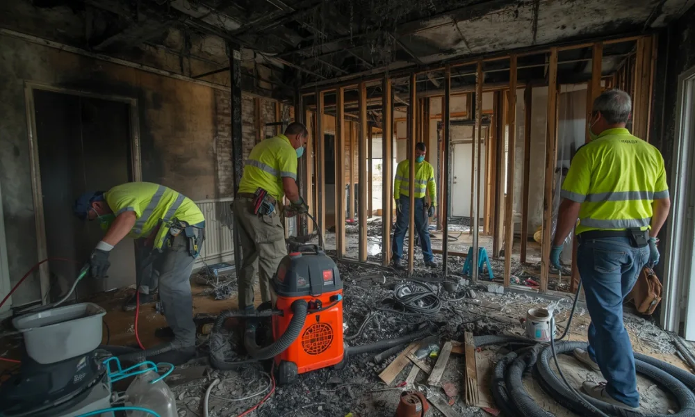 Workers in yellow vests cleaning a fire damaged room with equipment and debris for essential fire damage recovery tips