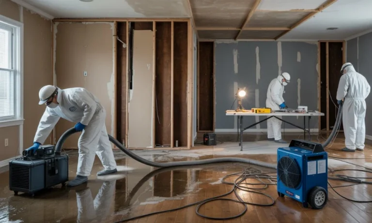 Workers in protective gear using industrial equipment to clean a water-damaged room, with exposed walls and wet floors.