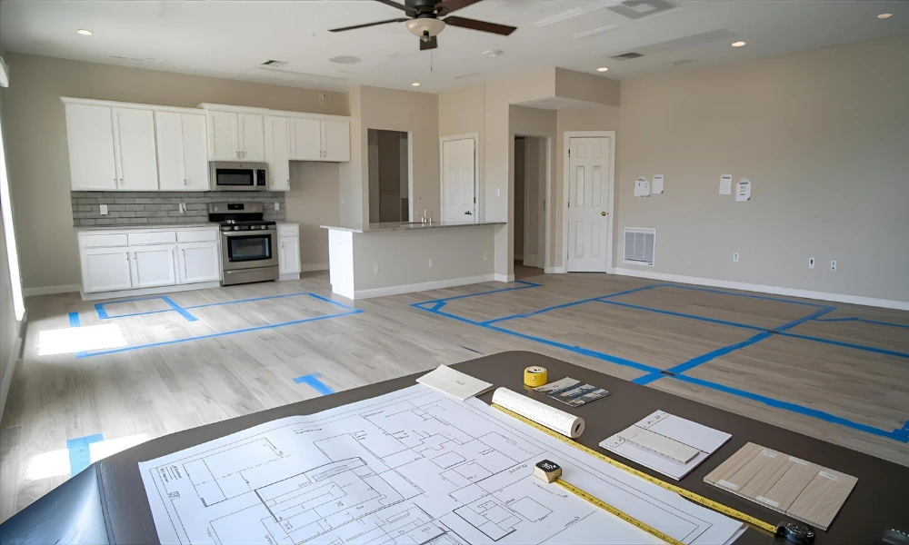 Open concept living area under construction with white kitchen cabinets and design materials for balancing design aesthetics