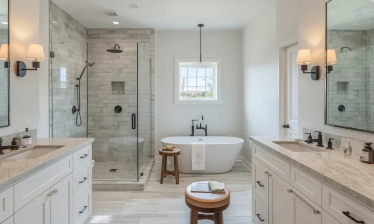 Modern bathroom with glass shower freestanding tub dual sinks marble accents and warm lighting for bathroom remodeling in DFW
