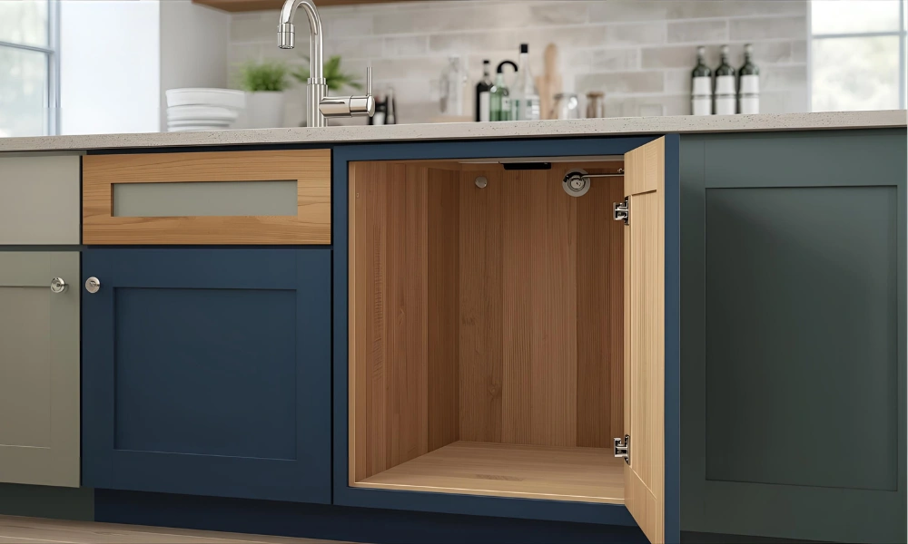 Open kitchen cabinet with wood interior blue and beige doors and white countertop for cabinet color and durability insights