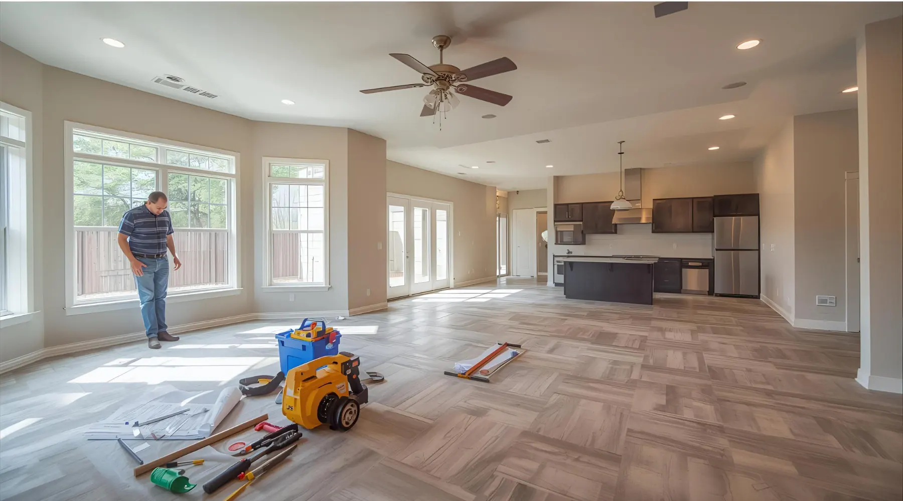 Spacious living area with large windows ceiling fan and open kitchen for a guide on DFW home remodeling essentials