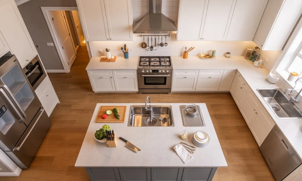 Modern kitchen with white cabinets stainless steel appliances island and fresh vegetables highlighting smart design and layout