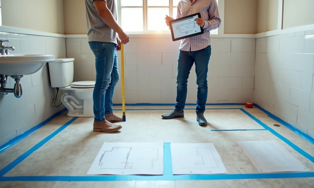 Two people measuring bathroom layout with tape measure and tablet plans for the golden rule of bathroom remodeling layout