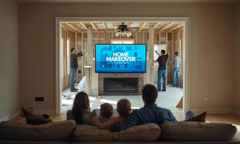 Family watching home makeover show on TV while workers renovate their living space for HGTV myths for home renovations