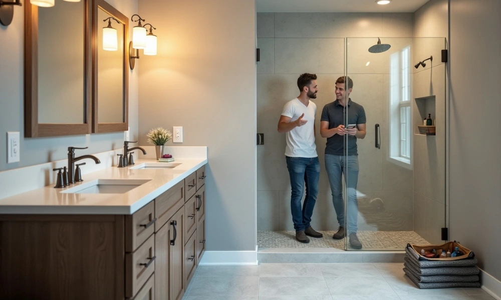 Modern bathroom with dual sinks wood vanity and glass shower with two people discussing high value upgrades for bathroom remodeling