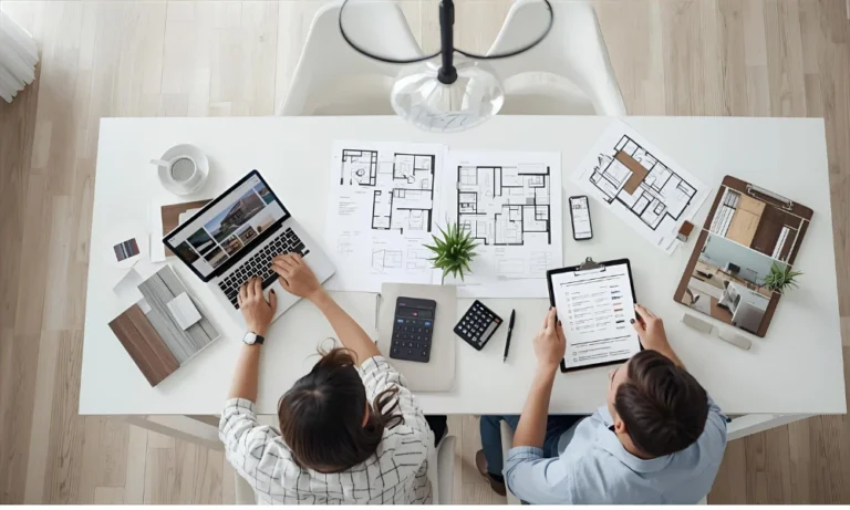 Two professionals reviewing architectural plans with laptops tablets and samples for home remodeling preparation