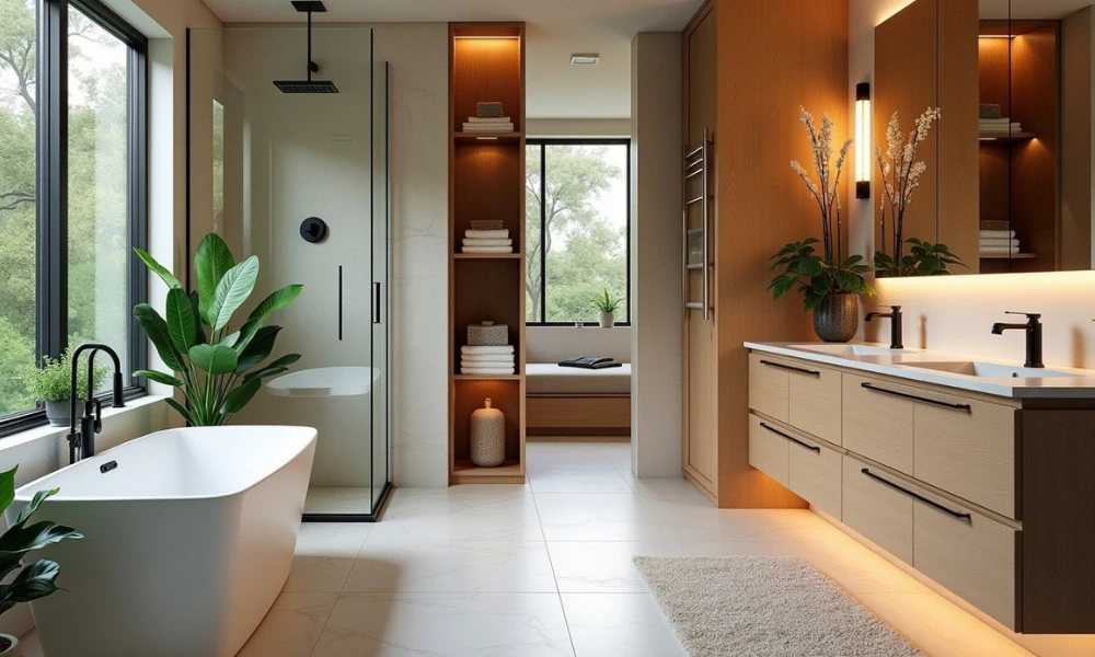 Modern bathroom featuring a freestanding tub, walk-in shower, wooden cabinetry, and large windows with lush greenery outside.