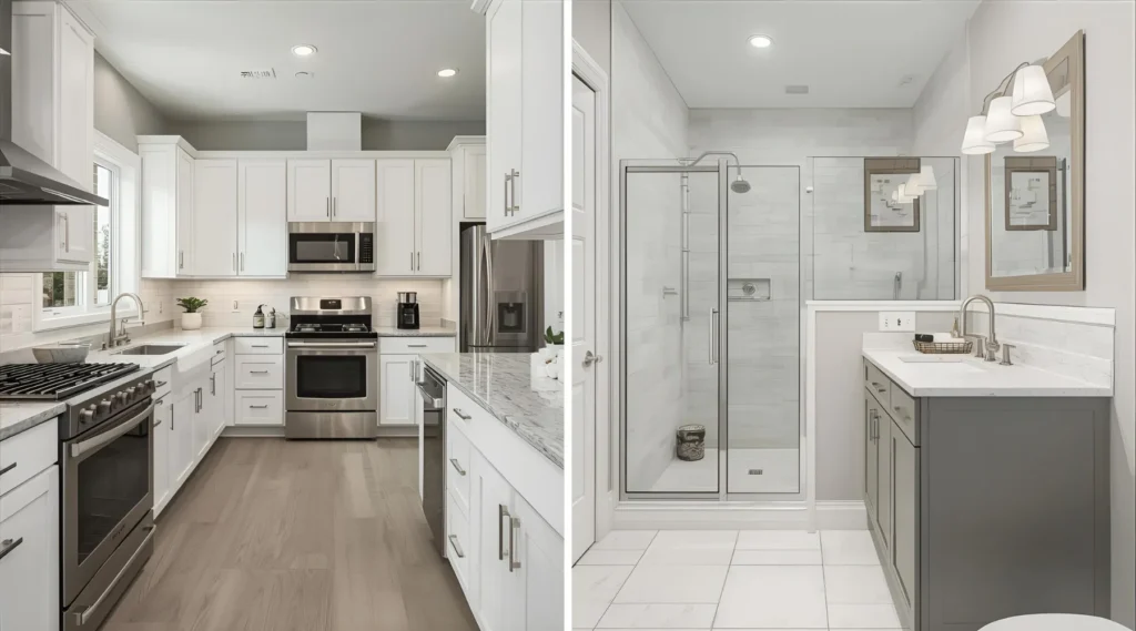 A modern kitchen with white cabinets and stainless appliances, paired with a sleek bathroom featuring a glass shower and gray vanity.
