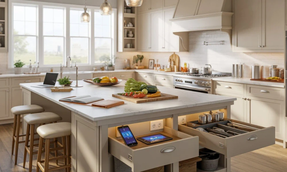 Bright modern kitchen with multifunctional island fresh produce and tablet drawer storage with large windows and natural light
