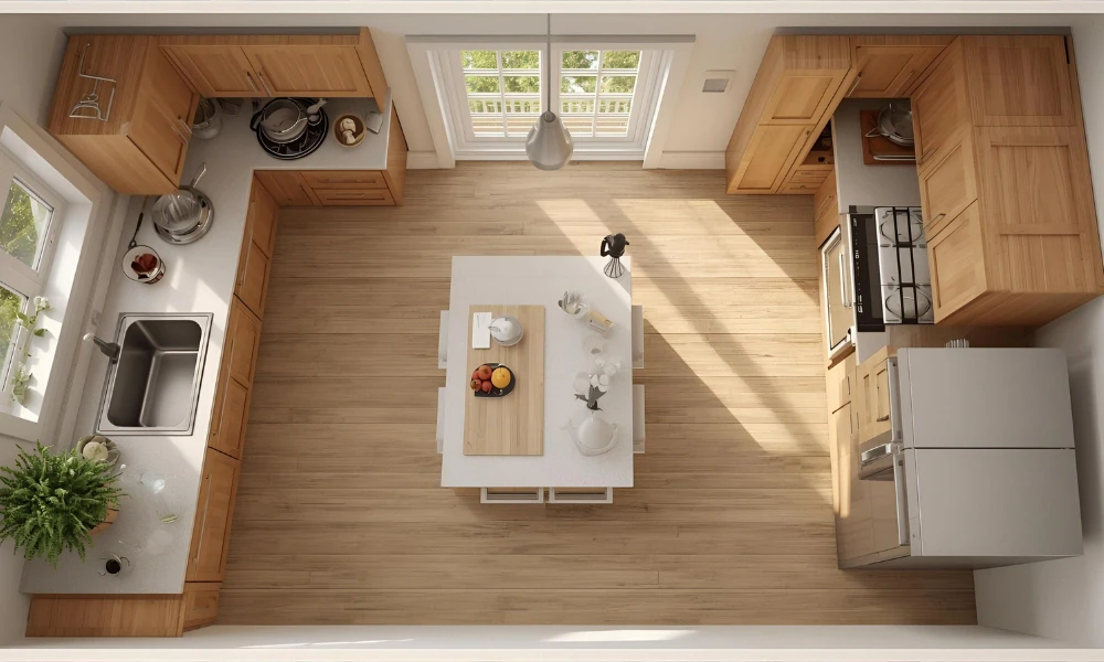 Airy kitchen with wooden cabinets dining table and large windows filled with natural light for optimizing layout design