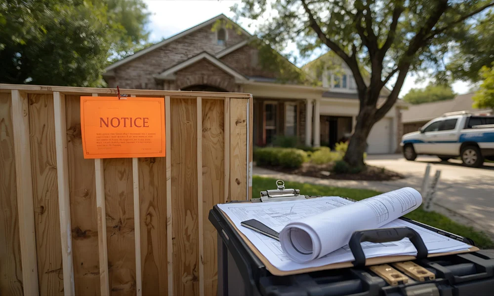 Notice sign on fence with building plans and phone on clipboard for understanding permits and building codes in your municipality